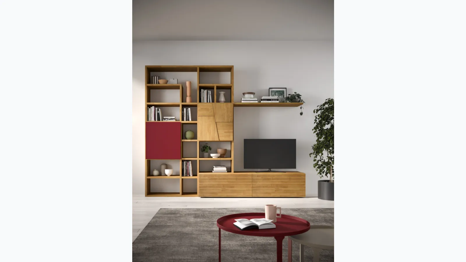 Libreria a muro in legno e laccato Mixer 01B di FGF Mobili