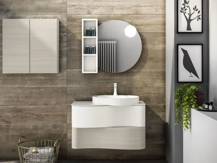 Mobile da Bagno sospeso in laccato bianco e essenza Rovere silver Onda 06 di GB Group