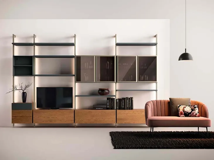 Libreria a muro Kosmos KL218 in legno con ante in vetro di Mercantini