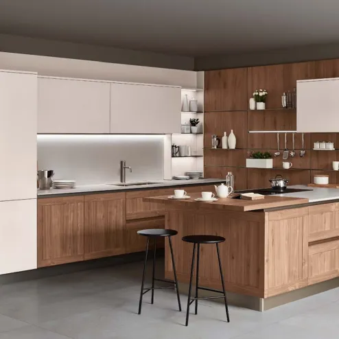 Cucina Moderna con penisola Armonia in Noce nodoso a doghe e laccato opaco di Veneta Cucine