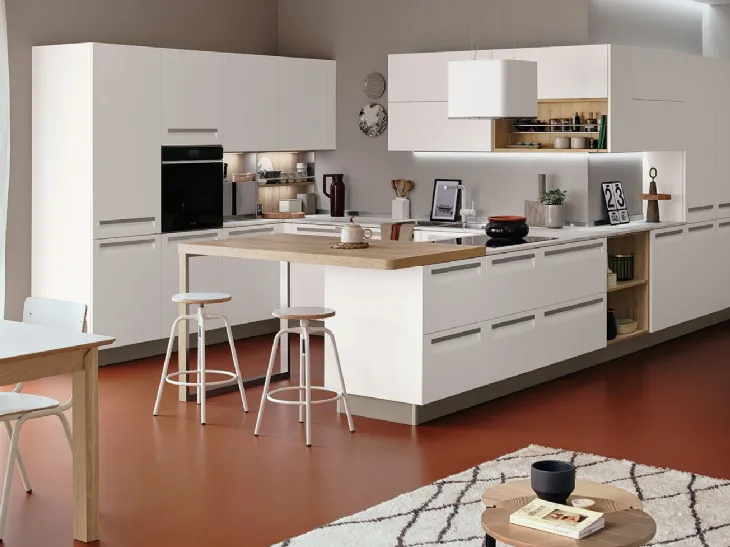 Cucina Moderna Carrera angolare con penisola in laccato Bianco di Veneta Cucine