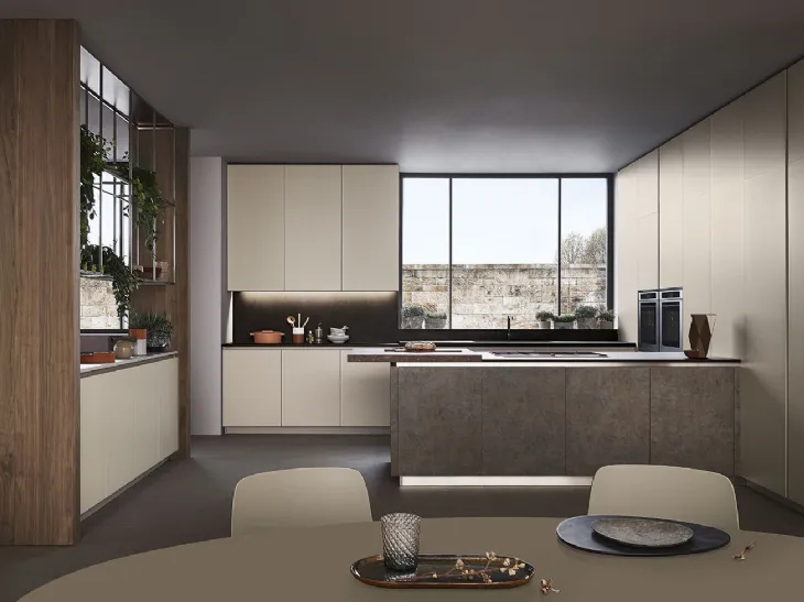 Cucina Moderna Lounge con isola in laccato Grigio Corda e Noce Nodoso di Veneta Cucine