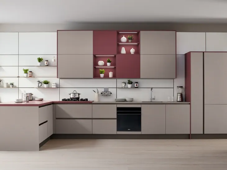 Cucina Moderna Like J 02 con penisola in laccato opaco Marrone e Rosso Soft di Veneta Cucine